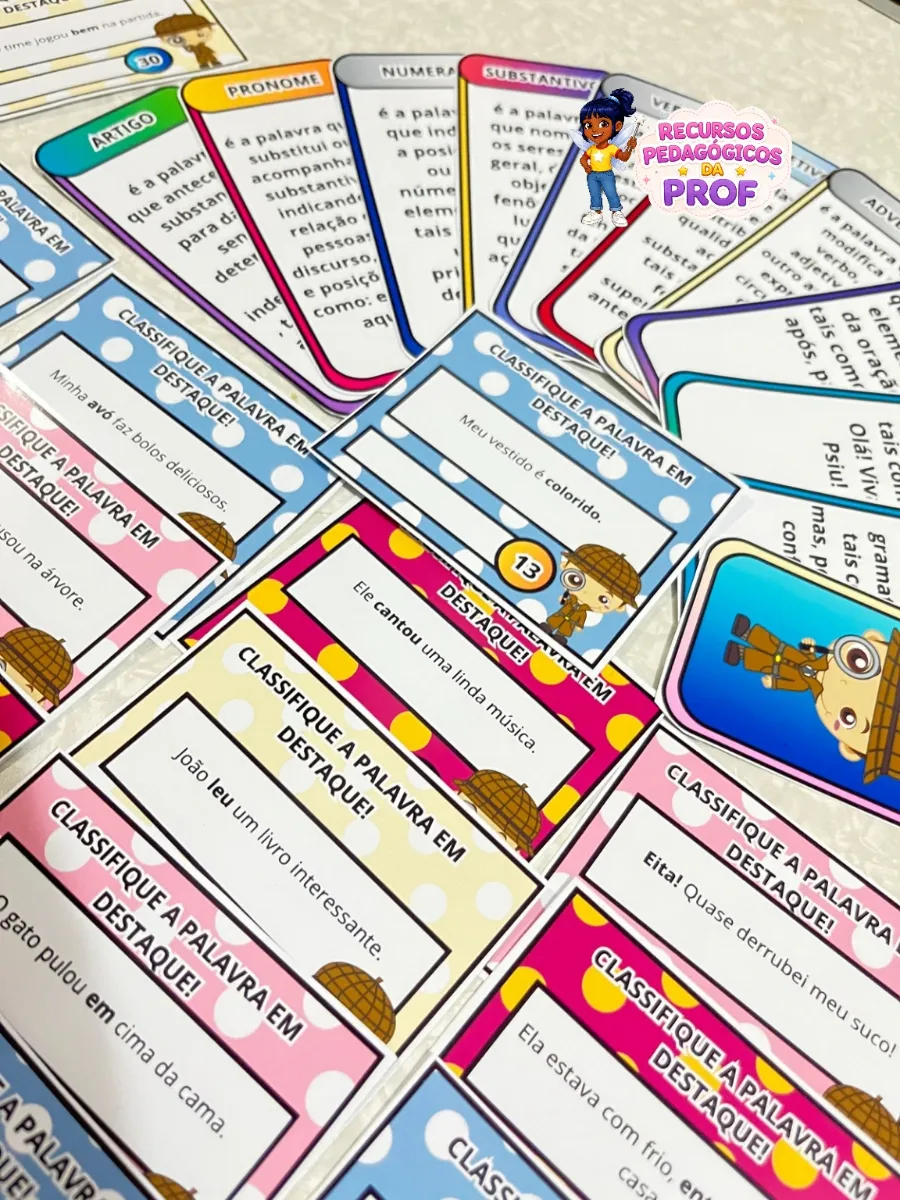 Cards e Frases - Classes Gramaticais — amostra 2: Material interativo e educativo para crianças aprenderem brincando sobre…