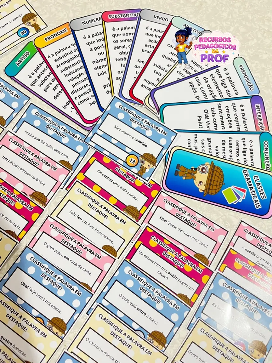 Cards e Frases - Classes Gramaticais — amostra 3: Material interativo e educativo para crianças aprenderem brincando sobre…