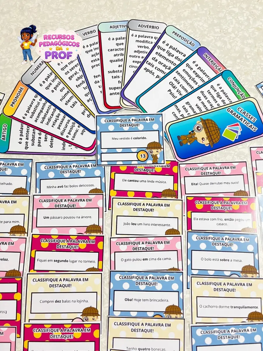 Cards e Frases - Classes Gramaticais — amostra 4: Material interativo e educativo para crianças aprenderem brincando sobre…