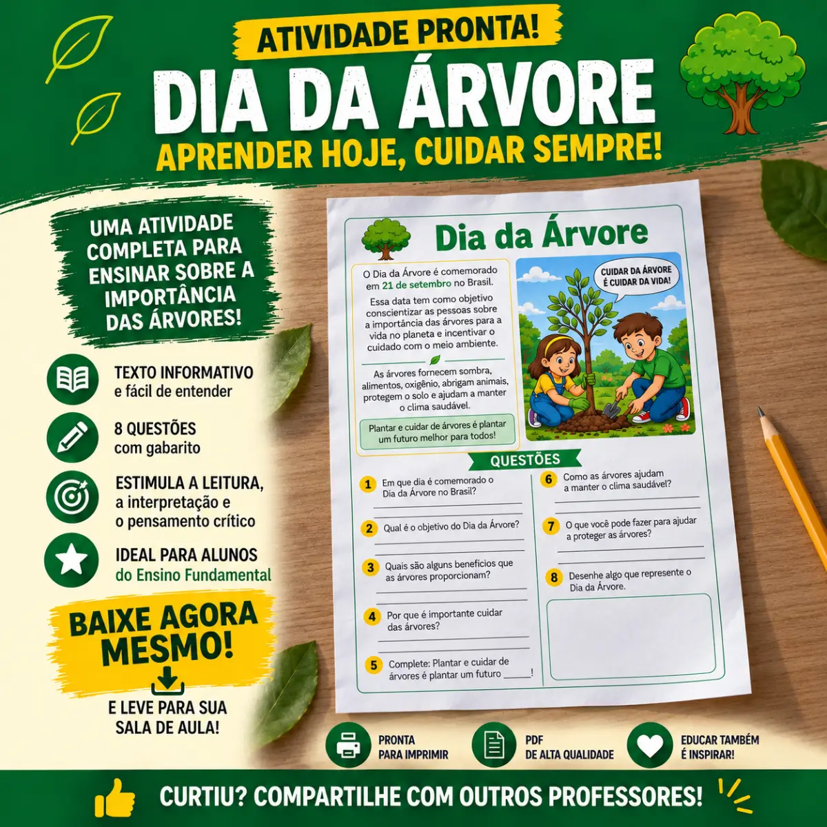 Atividade Dia da Árvore – Texto e 8 Questões — Atividades para Todas as séries: Atividade pronta sobre o Dia da Árvore, com…