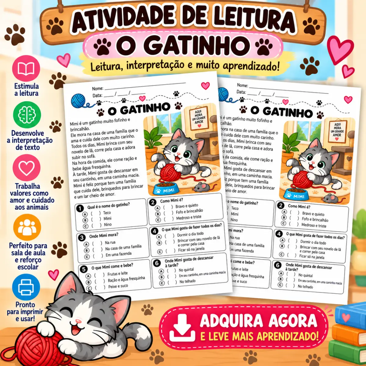 Atividade interpretação de texto - O gatinho — Atividades para Todas as séries: Atividade de leitura e interpretação de…
