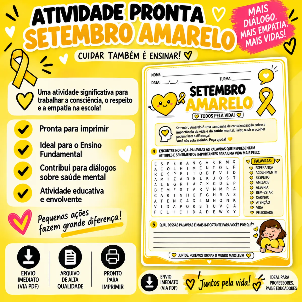 Atividade Setembro Amarelo – Valorização da Vida e Empatia — Atividades para Todas as séries: Atividade educativa sobre o…