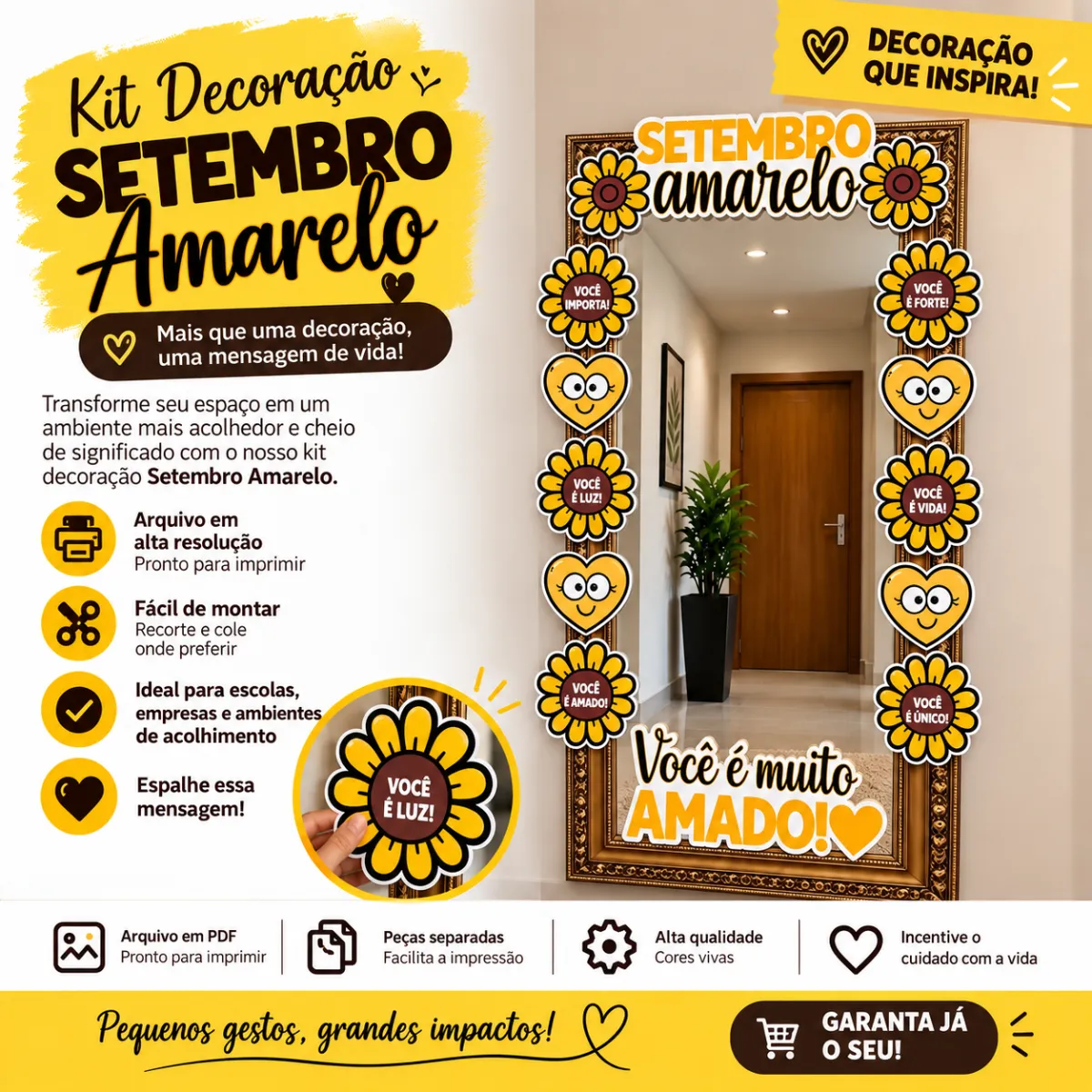Kit moldura Decoração Setembro Amarelo – Arquivo para Imprimir — Datas comemorativas para Todas as séries: Kit de decoração…