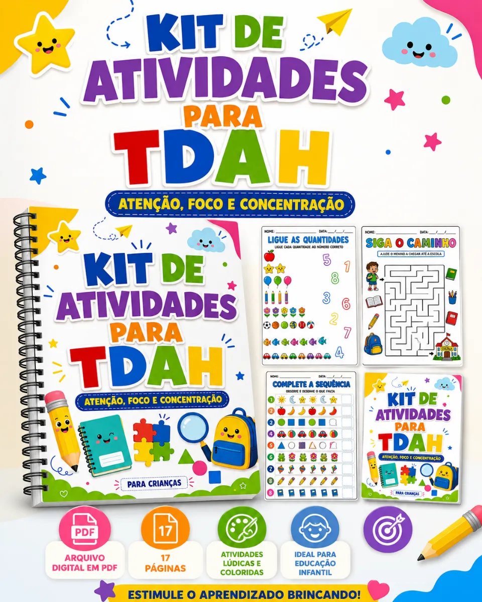 Kit de Atividades para TDAH – Atenção, Foco e Concentração — amostra 3: 📦 Formato