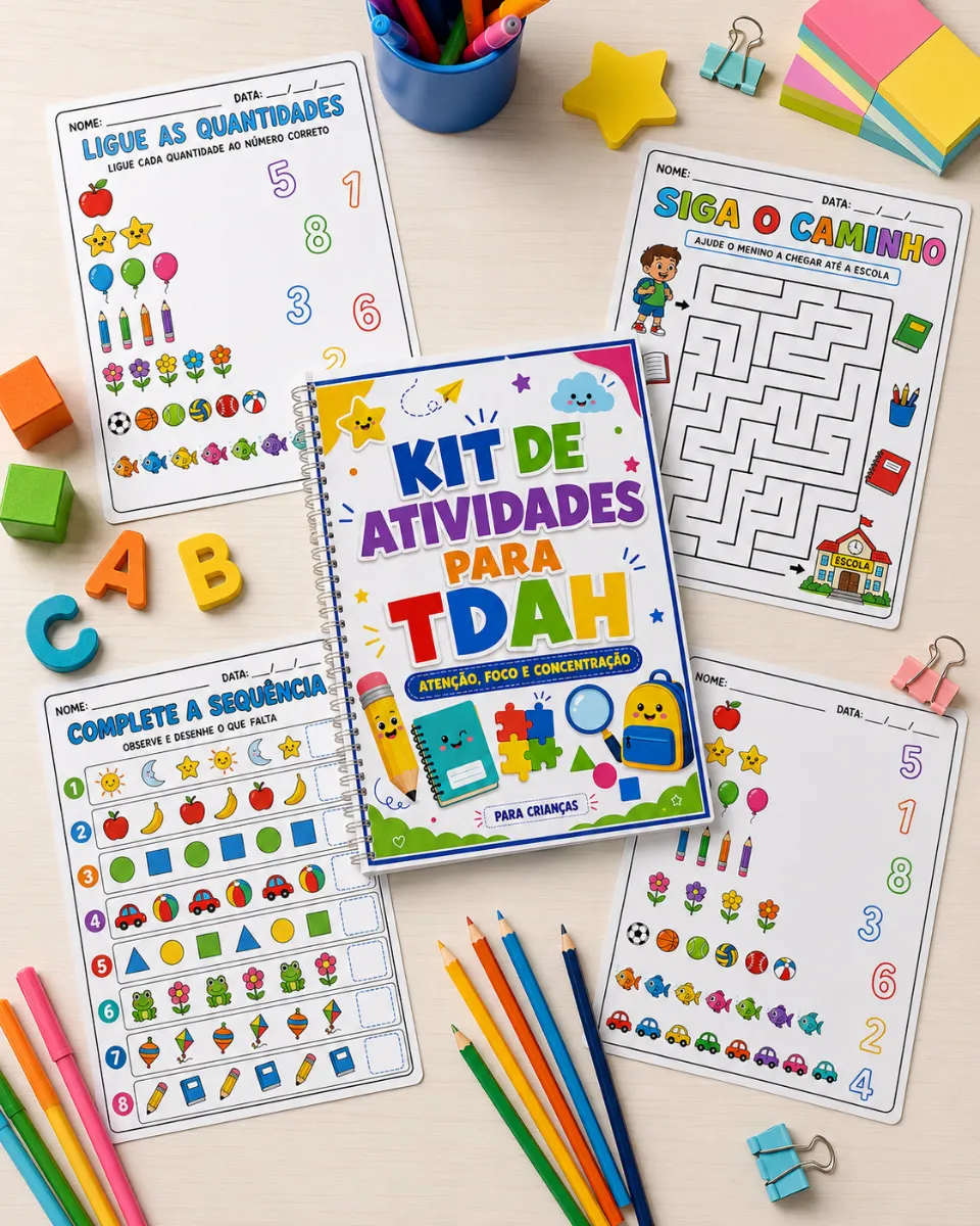Kit de Atividades para TDAH – Atenção, Foco e Concentração — Atividades para Todas as séries: Kit com 17 páginas de…