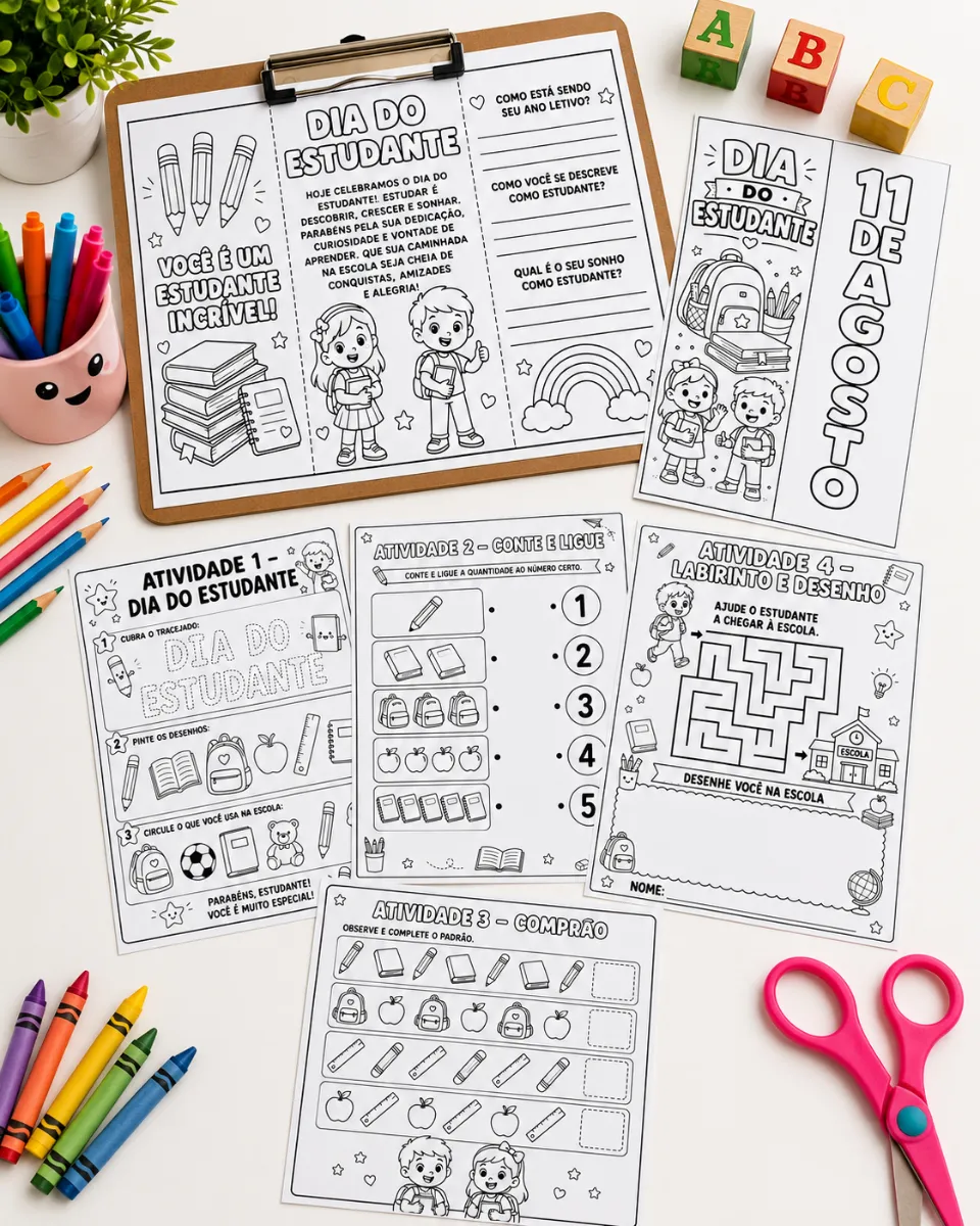 Kit Dia do Estudante – Atividades para Educação Infantil e Anos Iniciais — amostra 2: 📦 O que você recebe