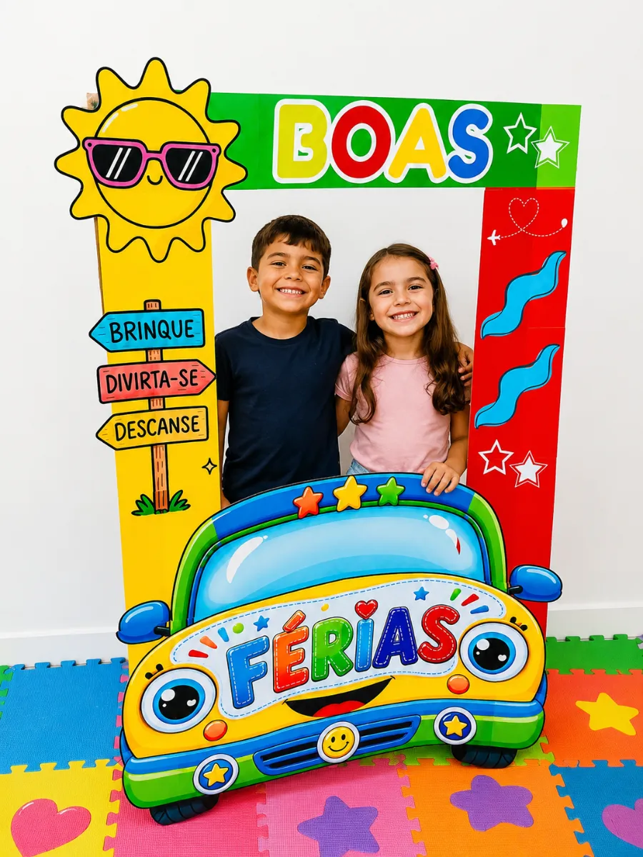 Moldura Férias Tema Carrinho PDF | Foto Escolar — amostra 3: Moldura fotográfica "Boas Férias" com tema de carrinho em PDF