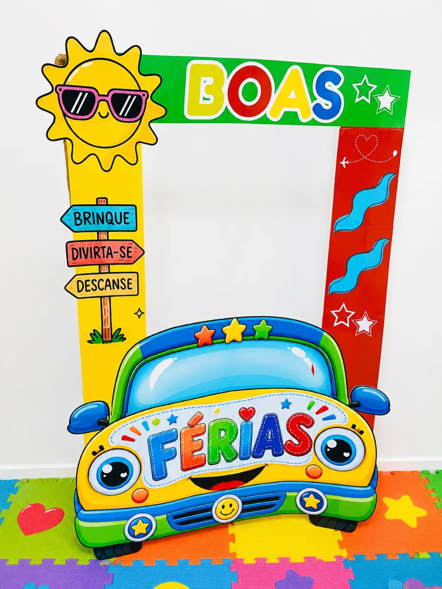 Moldura Férias Tema Carrinho PDF | Foto Escolar — amostra 4: Moldura fotográfica "Boas Férias" com tema de carrinho em PDF