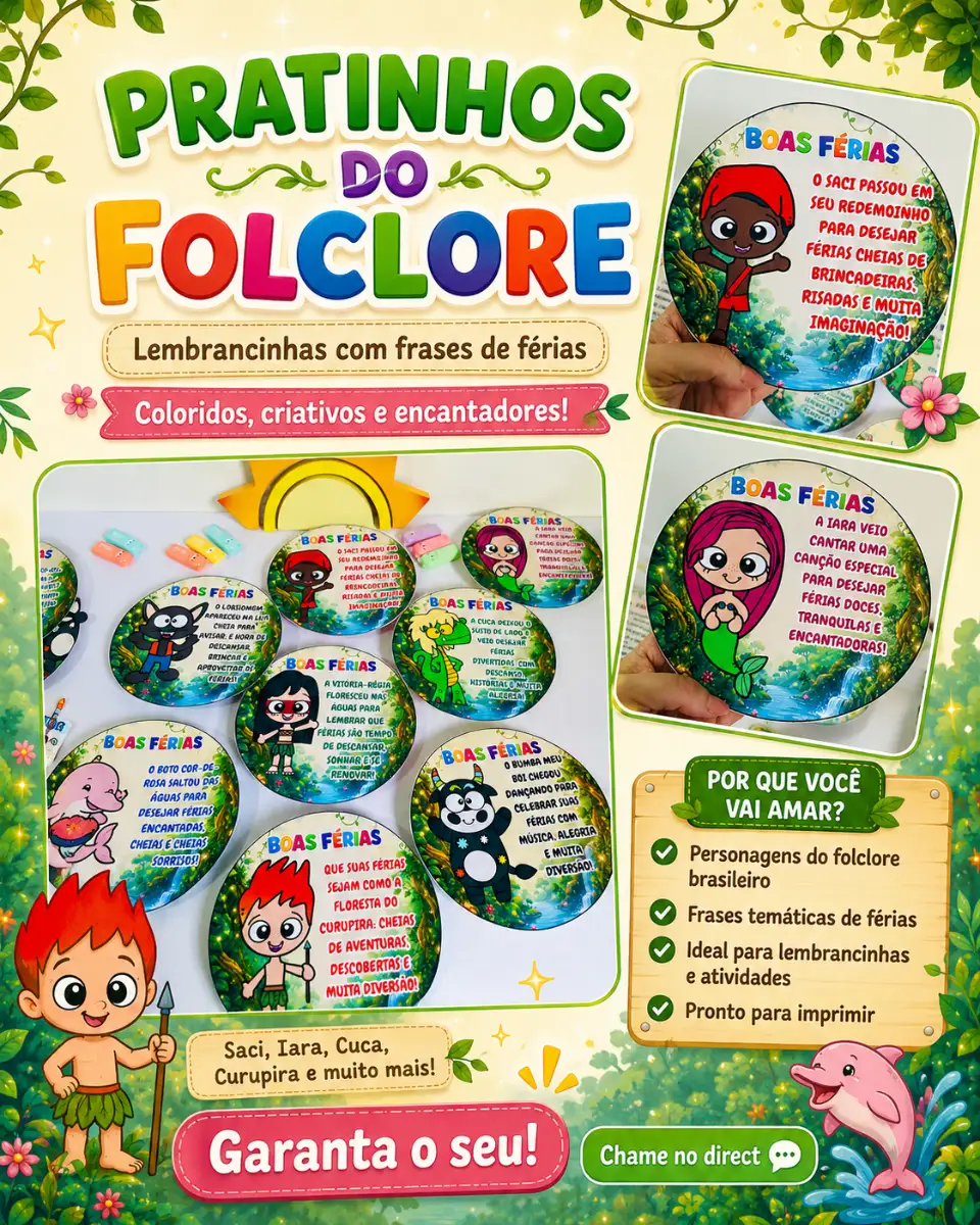 Pratinhos do Folclore Boas Férias | Lembrancinha PDF — Atividades para Educação Infantil: Lembrancinha Pratinhos do…