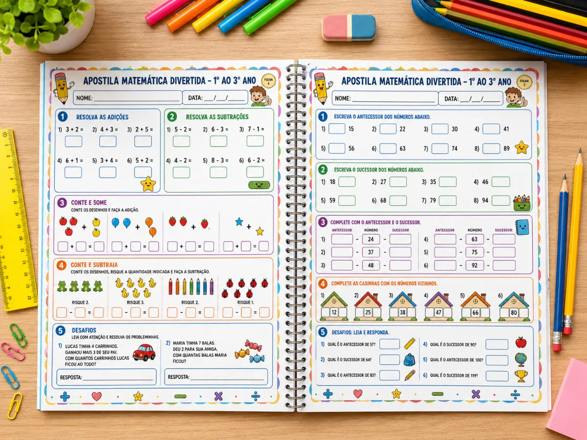 Apostila Matematica Divertida - 1 ao 3 Ano — amostra 1: Apostila de Matemática Divertida com atividades lúdicas de adição,…