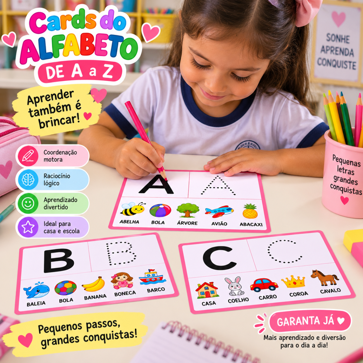 CARDS DO ALFABETO DE A a Z — TRACE, RECONHEÇA E APRENDA BRINCANDO! — amostra 1: 🎯 BENEFÍCIOS PEDAGÓGICOS