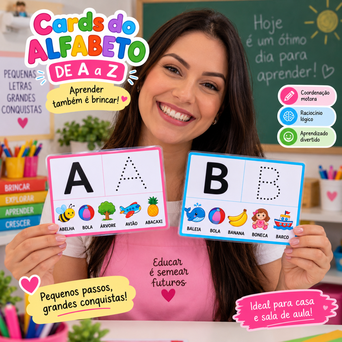 CARDS DO ALFABETO DE A a Z — TRACE, RECONHEÇA E APRENDA BRINCANDO! — Atividades para Todas as séries: Transforme o momento…