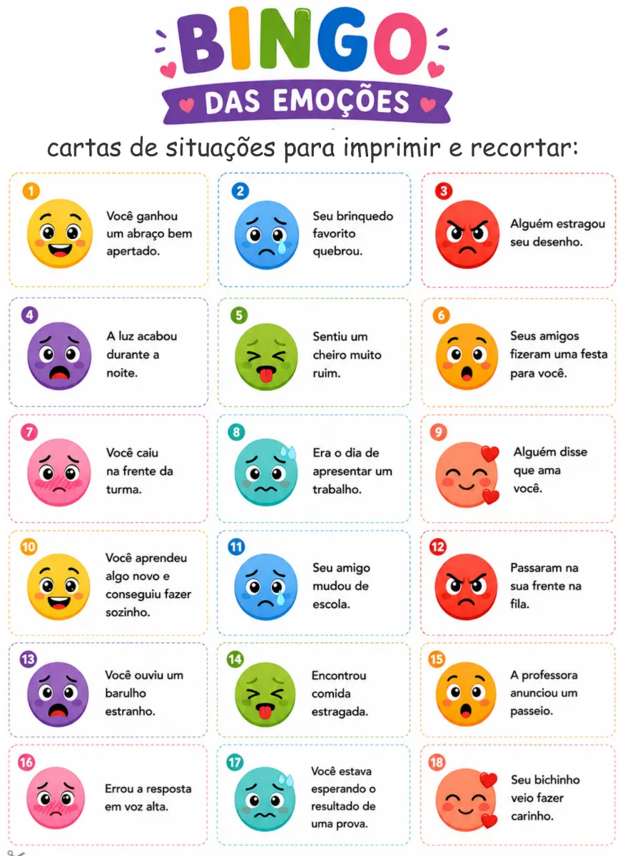 Jogo das emoções: BINGO para a identificação das emoções — amostra 1: O Bingo das Emoções é uma atividade lúdica pensada…
